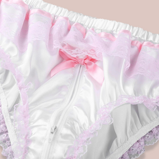 A close up of the zipper on the white satin panties, you can see the satin ribbon, lace and zipper.