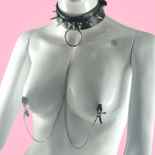 Style A wide choker with studded spikes and o-ring, attached to the ring is the non-removable long chain nipple clamps.