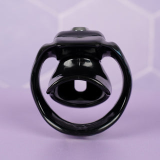A rear view of the HT V5 Nub chastity cage,