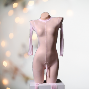 Shown on a model, the pink full length sleeved body stocking, made from nylon, it's designed to feel like you are wearing  soft nylon  over your whole body, including the penis sheath.
