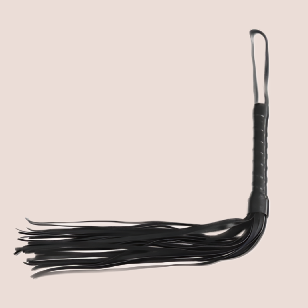 A close up of the whip from the 10-piece BDSM set from House Of Chastity