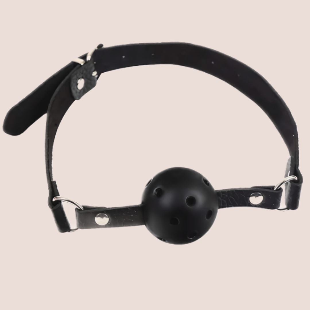 A close up of the gag that comes in the 10-piece BDSM set from House Of Chastity