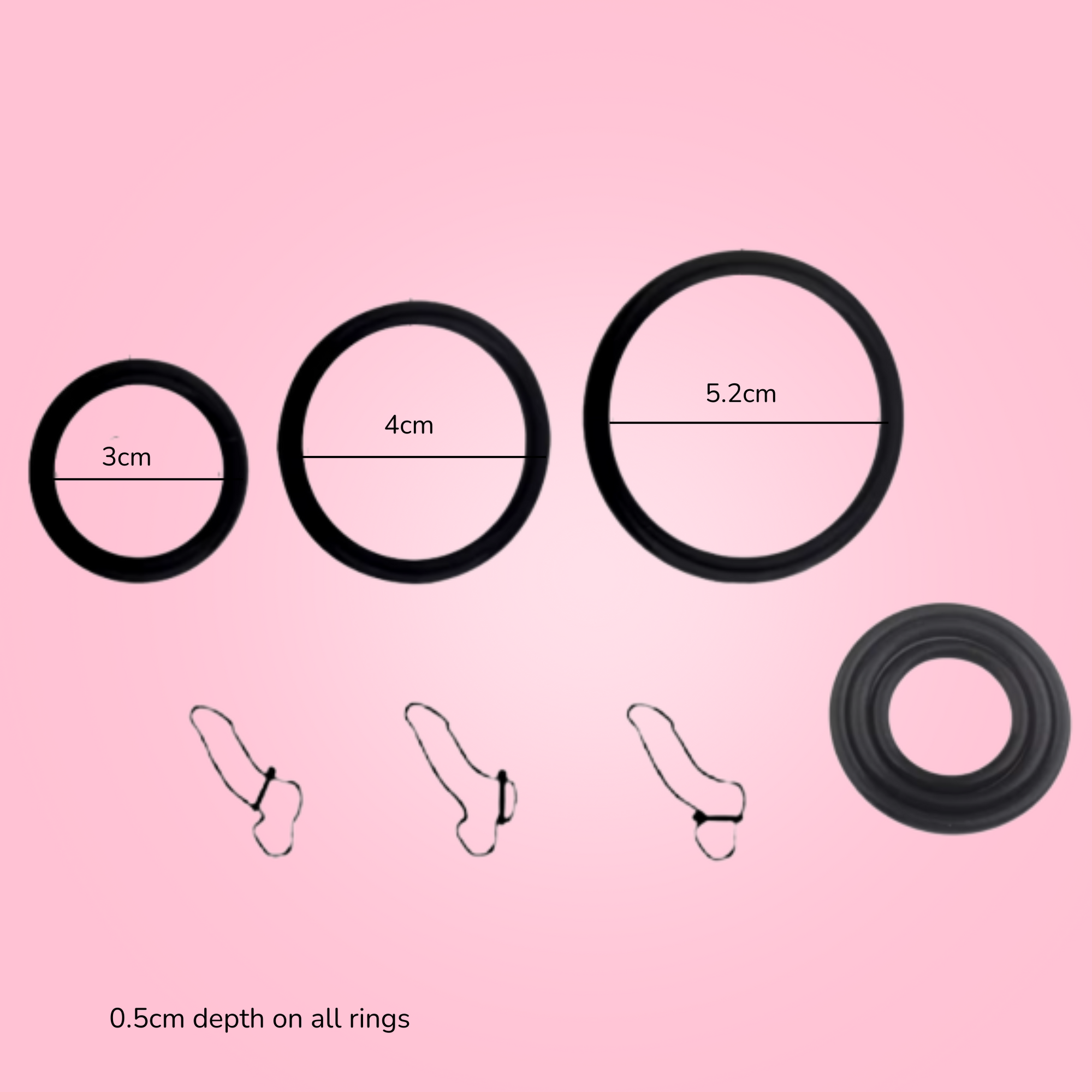 Dimensions of the circular cock rings and how to wear them.