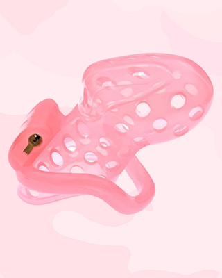An alternate angle of Air One Standard size chastity cage in pink.