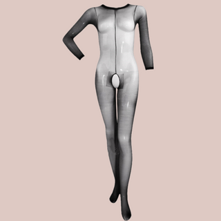 A full length view of the Black Nylon Body Stocking With Open Sheath, you can see the round neck, long length arms, open sheath and closed feet.