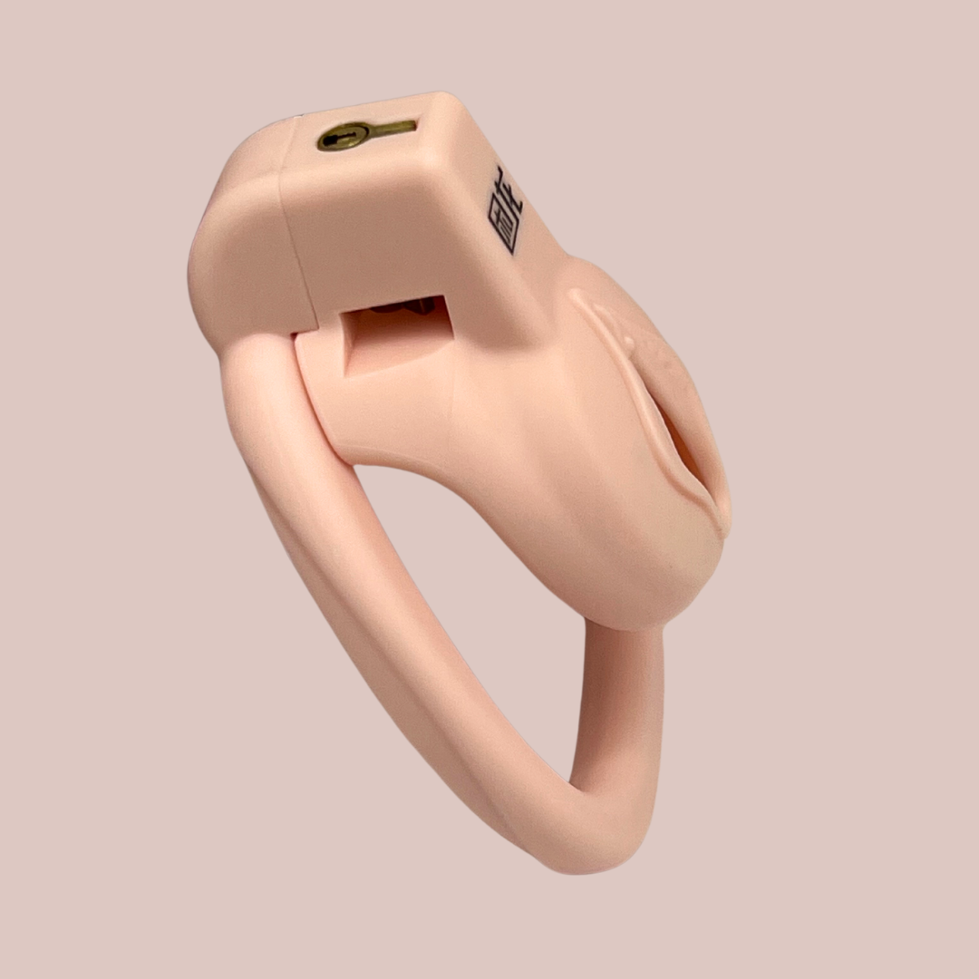  An angled view of The Blood Diamond Sissy Pussy 1 chastity cage.