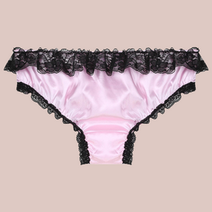 The back view of the pink satin bow knot panties with black lace edging.