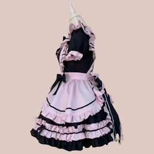 A side view of The Bowtiful Maids dress, you can see how the apron wraps around the dress.