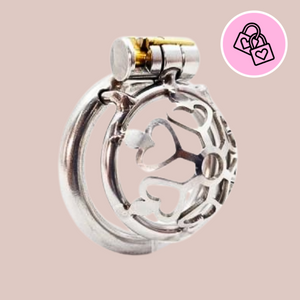 An angled side view of the Cage Of Hearts from House Of Chastity. You can see it fully assembled with its base ring and integral lock in place.