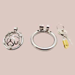 Showing the elements that make up the Cage Of Hearts chastity cage, 1 x chastity cage 1 x base ring, 1 x padlock and 2 x keys.