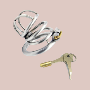 Showing the Chaste Bird Chastity Cage , the integral lock is shown in the cage and with the keys for context, there is only one lock supplied.