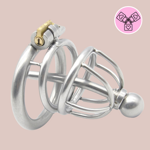 A small sized metal chastity cage with a chaste bird head, one spacer ring that fits to the base ring and allows the integral lock to be fixed. This can has a removal metal urethral tube.