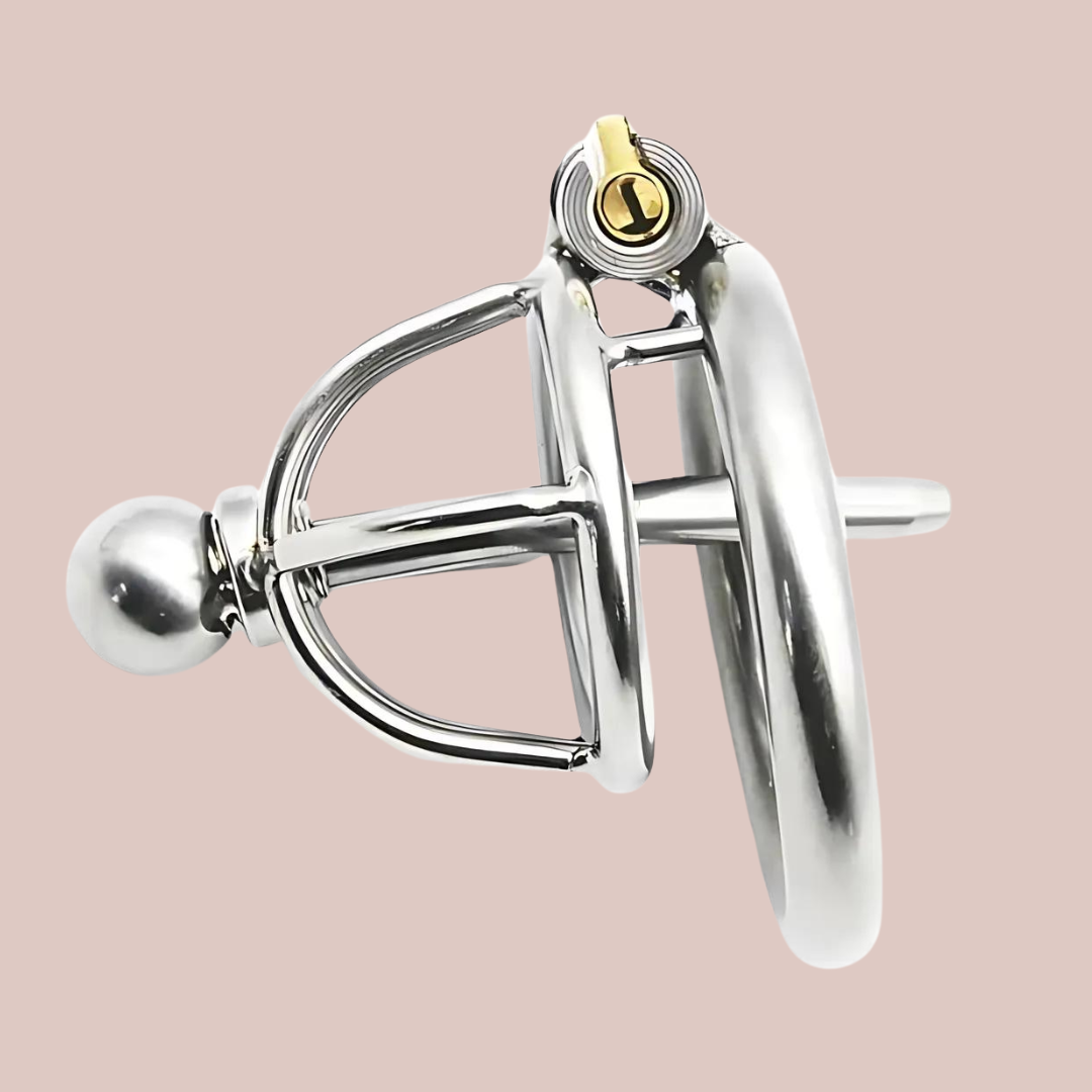 The Chaste Bird Nub is a small cock cage, it has the option of 3 direct base rings , has a 2 bar head design and the option of a removable urethral insert tube that is screwed in with the rounded head.