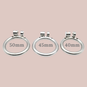 an image of the 40mm, 45mm and 50mm base rings that are designed to be used on a chastity cage with an integral lock.