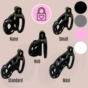 The Cobra Flat Cuff shown here in all sizes, Nub, Nano, Small, Standard and Maxi, these are designated Level 1 cages but the difficulty does increase the smaller size that you go down to. They come in 4 different colours black, grey, pink and white.