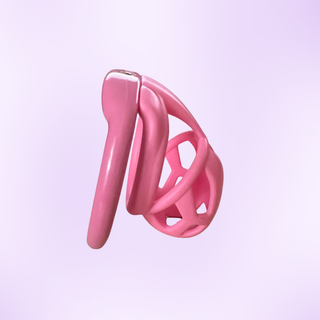 A side view of the pink Nano sized chastity cage