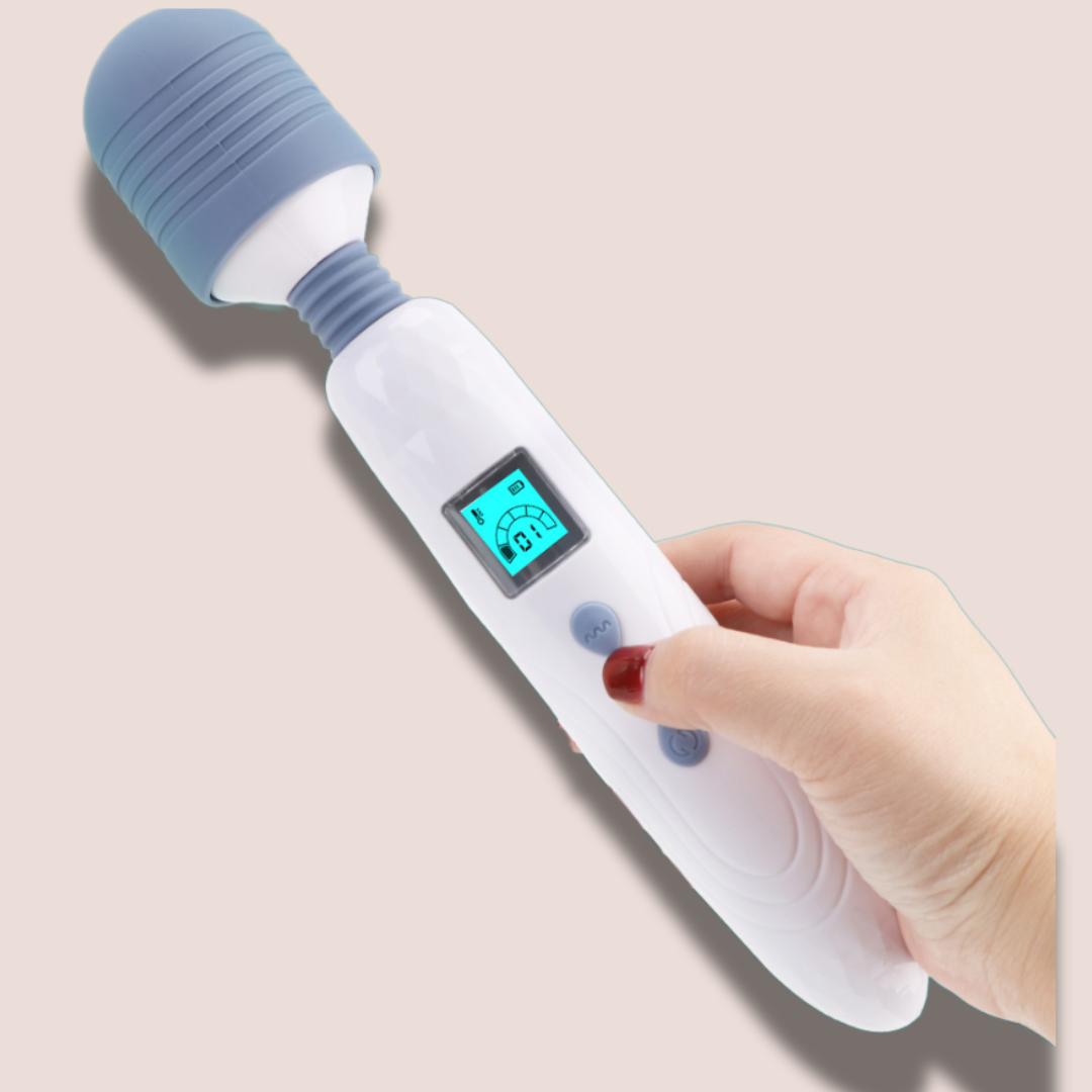 A close up of the Cordless Magic Wand with LCD display, you can clearly see the touch button controls and the information display.