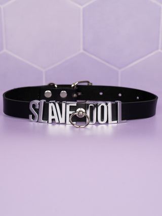 Slave Doll Sexy Slimline Choker With Silver Lettering, O-Ring & Lead