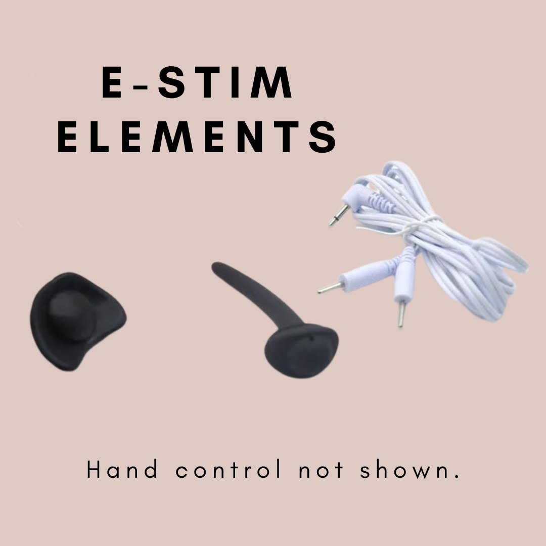 Showing the elements that make up the e-stim kit for the Air 1 chastity cage. You see the two conductors and wiring, the remote control is not shown.