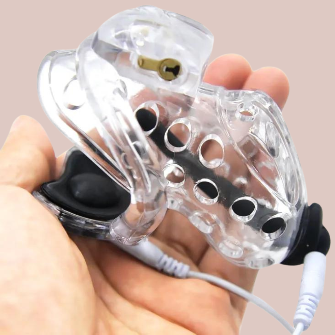 A closer view of the Air 1 chasityt cage with the e-stim kit fitted.