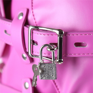 A close up of the silver buckle and padlock of the Fetish Hood with mask and gag from House Of Chastity