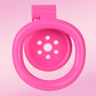A rear view of the chastity cage, this view looks through the base ring.