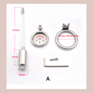 An image of the elements included with style A, the urethral tube, cage base ring, Allen key and bolt.
