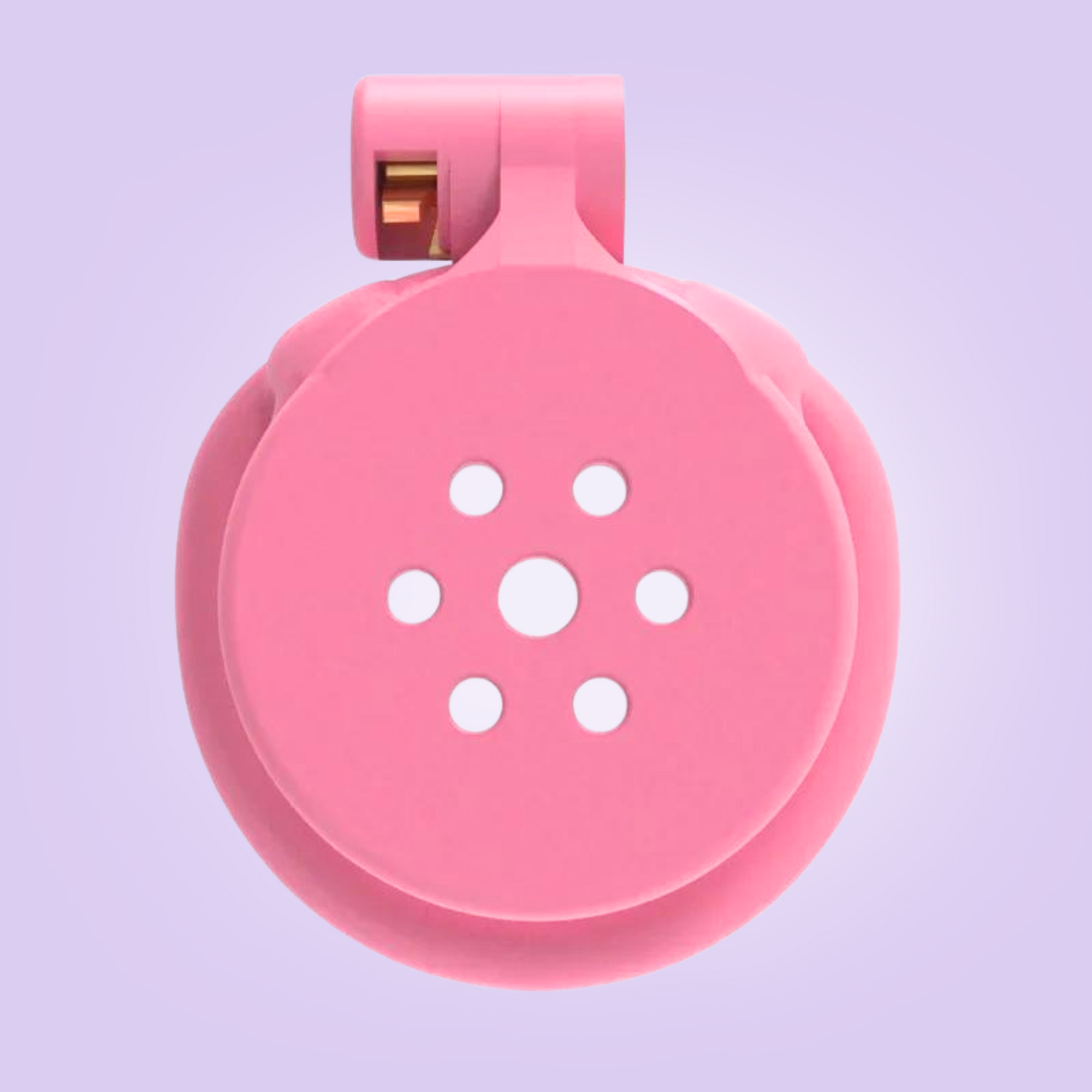 A front view of The Flat Gatling Pink, it is fully assembled with the base ring and integral lock in place.