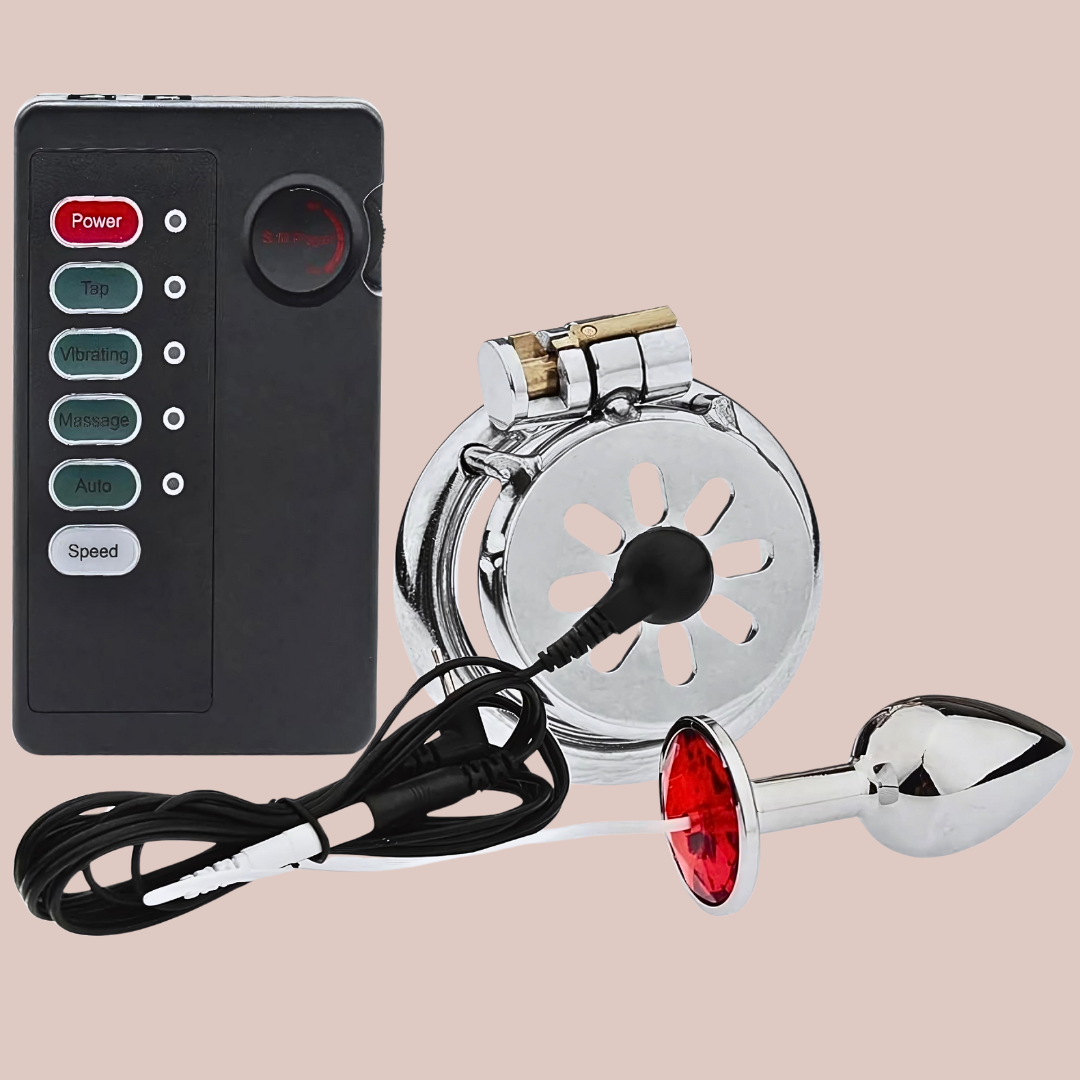 The Flat Gatling Flower shown here with the butt plug and electro kit This is a Trained Level Cage.