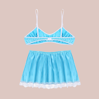 A pretty bra and petticoat set for men, the bra comes in satin baby blue with a lace decoration to the cups, thin white bra straps and a matching satin above knee petticoat with white lace edging detail and matching white satin bow detail. 