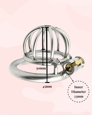 An image detailing specific cage measurements, the dotted circle signifies the internal diameter of the micro chastity cage.