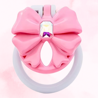 The chastity cage shown fully assembled in pink and white it is shown on a pink background