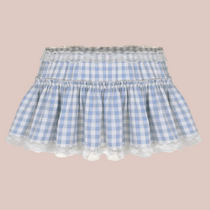 The blue and white gingham mini skrt, it has an elasticated waist, pressty lace edging and a kick skirt style.