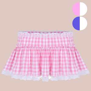 The pink and white gingham mini skirt, at the top right the two circles denote the colours that this skirt is available in.