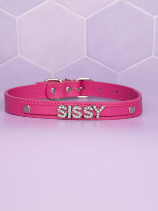 The cerise collar is shown with the diamante look Sissy lettering on a purple background