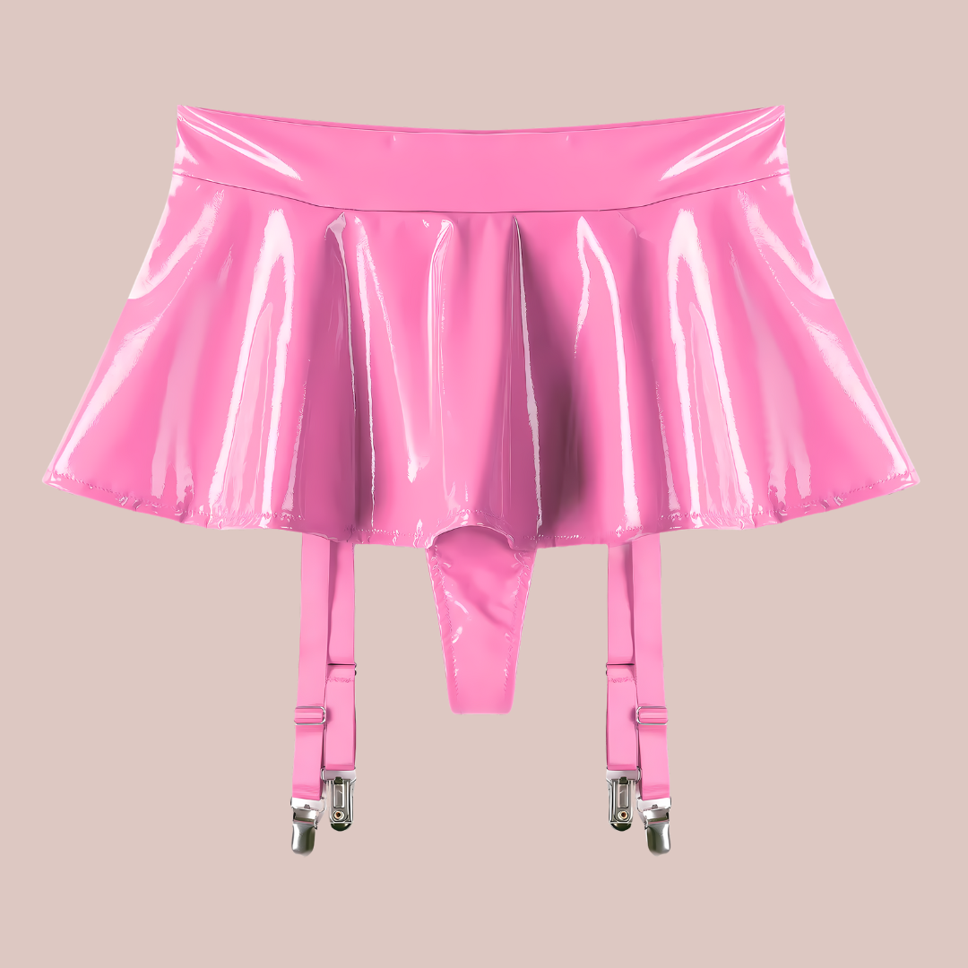 The PVC mini skirt you can see the attached thong and suspender belts