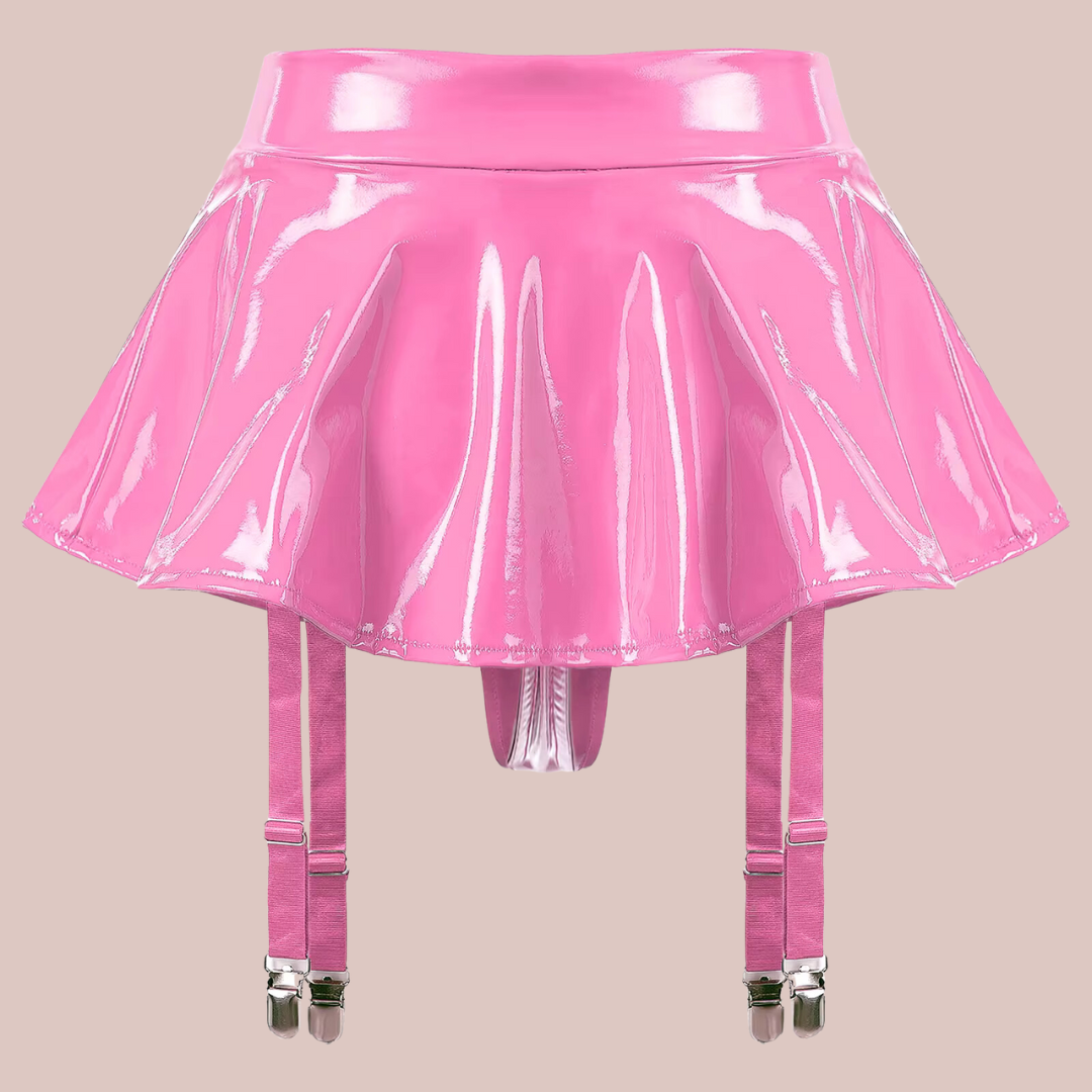 A rear view of the PVC minis skirt, you can see the back of the panties thong and the suspender belts 