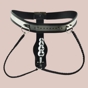 The HOC1001 Prison Bird Female chastity belt is shown from a rear view, you can see the adjustable belt and internal plug.