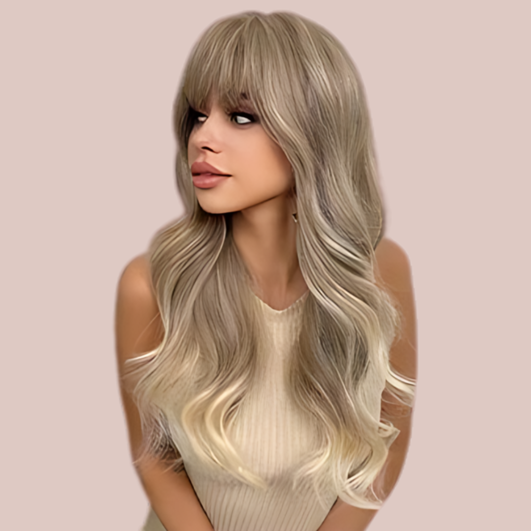 An angled view of the HOC226-1 wig, this view shows how beautifully styled it is, you can see the long fringe and how the hair flows over the shoulders and down the chest.