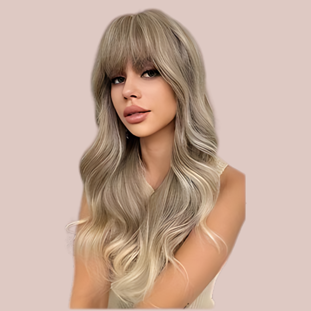 The Blonde Ombre wig from House Of Chastity is a gorgeous blonde wig with grey undertones, it  has been styled with soft waves and a long fringe.