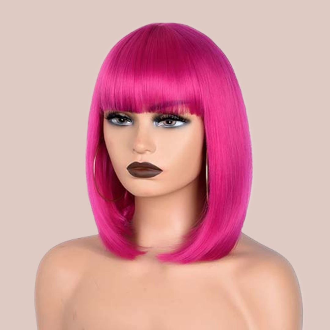 The Hot Pink Wig is shown here on a model, you can see the straight bob shape and long length fringe.