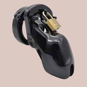 An image of the black 600HOC with anti-off ring, the chastity cage is shown fully assembled and with the padlock in place.