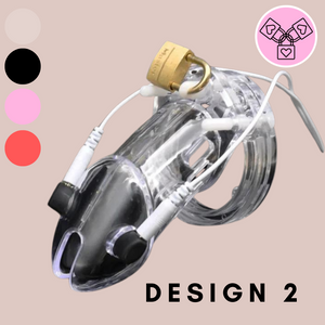 The HOC600 Design 2 comes in 4 colours as noted at the left side of the page, black, pink, red and transparent. Shown in this image is the transparent chastity cage.