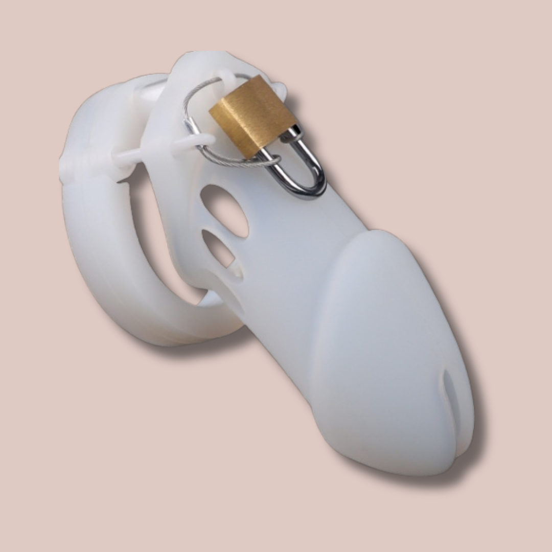 close up image of the HOC600 with wire White chastity cage from House Of Chastity. The cage is shown fully assembled with the padlock and wire in place.