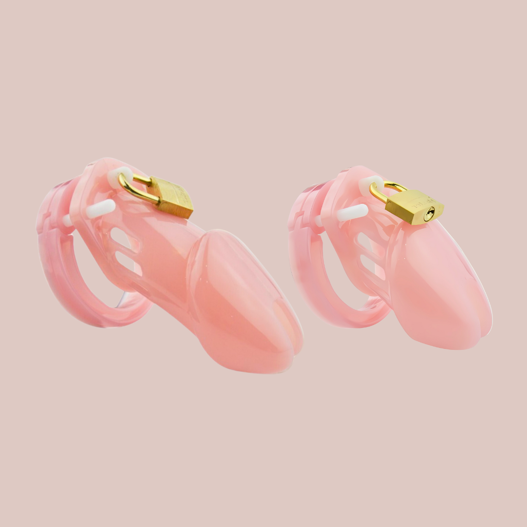 Showing the small and standard 600HOC in pink, similar to the CB6000, these chastity cages have a cock cage, a base ring affixed and external padlock which locks all of the separate pieces into place.  
