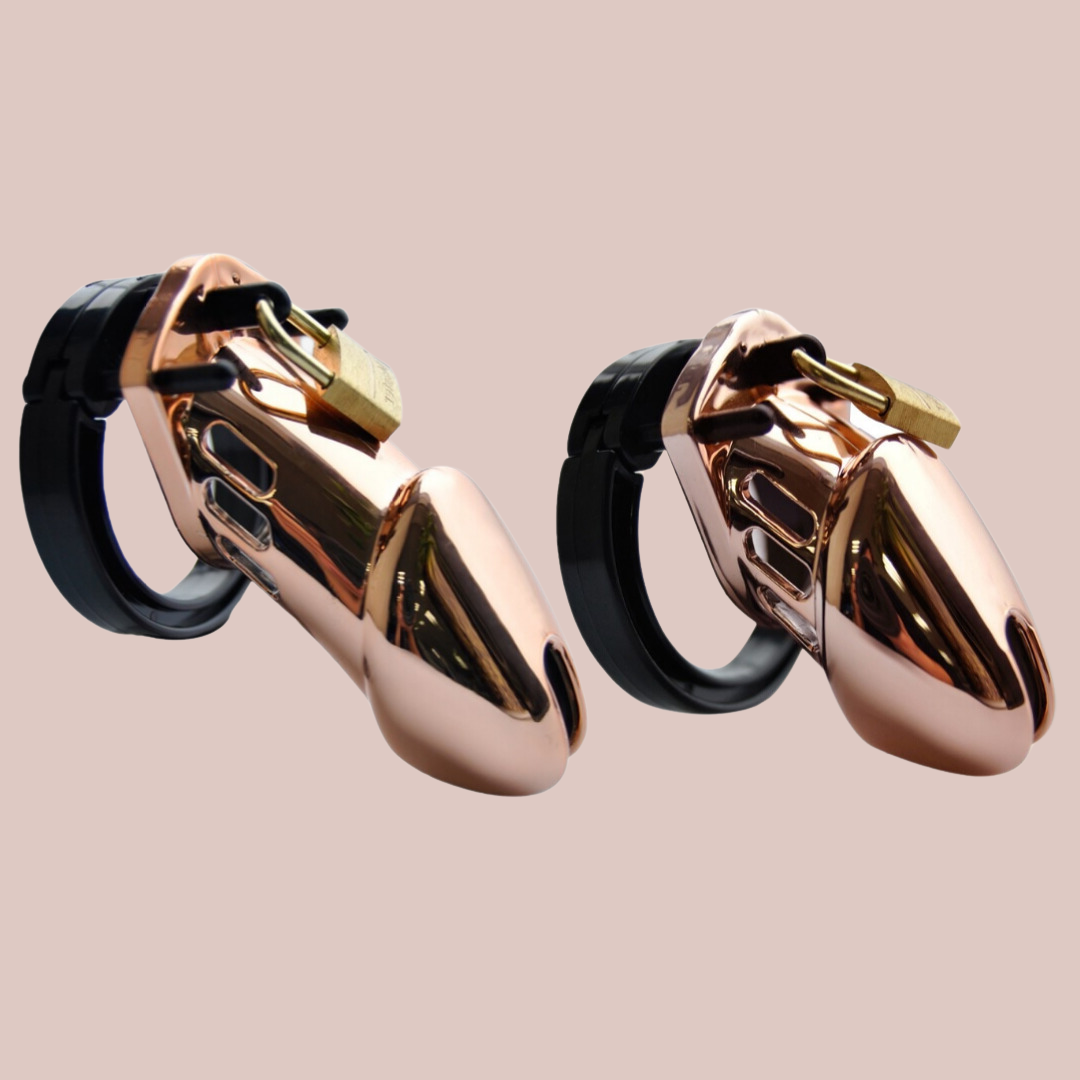 Showing the Rose Gold small and standard 600HOC, similar to the CB6000, these chastity cages have a cock cage, a base ring affixed and external padlock which locks all of the separate pieces into place.  