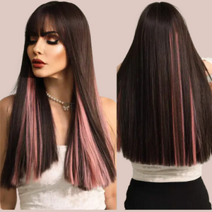 HOC8268-4 Long Straight Wig With Pink Highlights