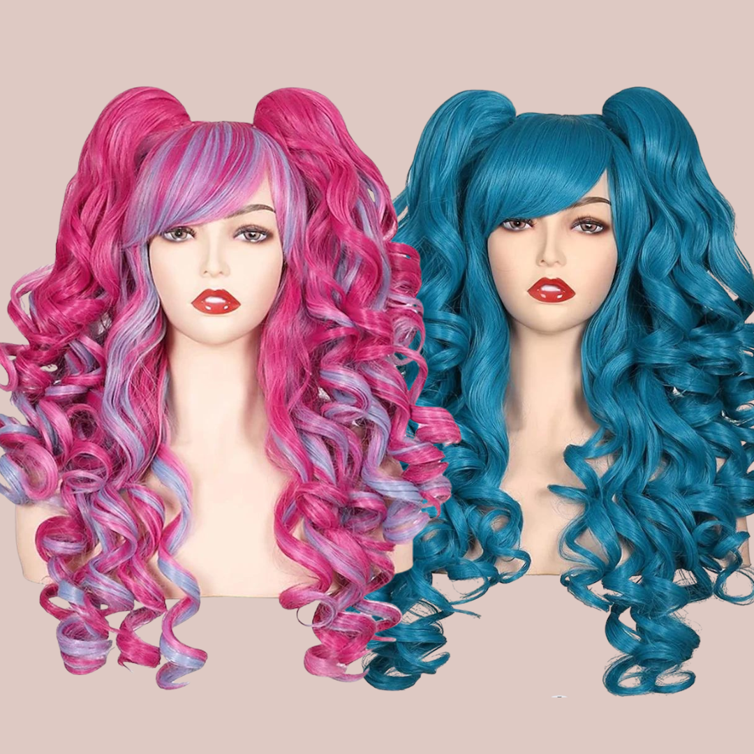 Both colours of our Hoca Curled Wig, the pink/purple on the left and blue on the right.