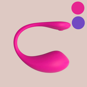 A close up image of the HOCORG1 from House Of Chastity, you can see that the vibrating egg has a semi circular design, with the larger end designed to go into the vagina. The colours available are pink and purple, as shown in the top right.
