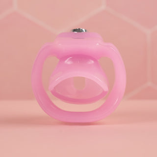 A rear view of the HT V5 Nub Pink chastity cage.